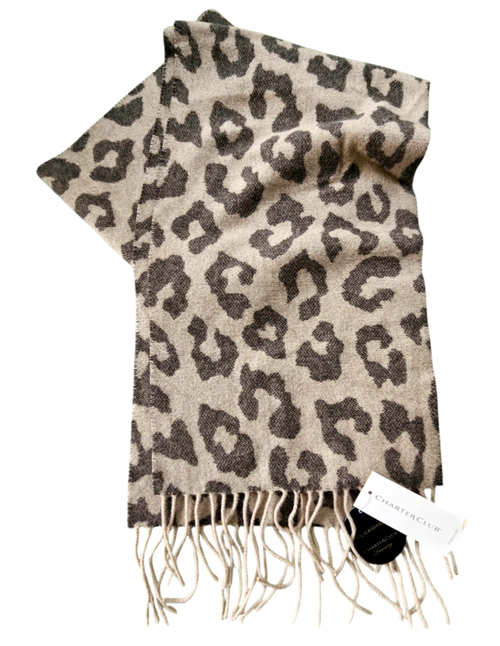 NWT 100% Cashmere Charter Club Luxury Leopard Print Scarf Cheetah 64" x 10.5"